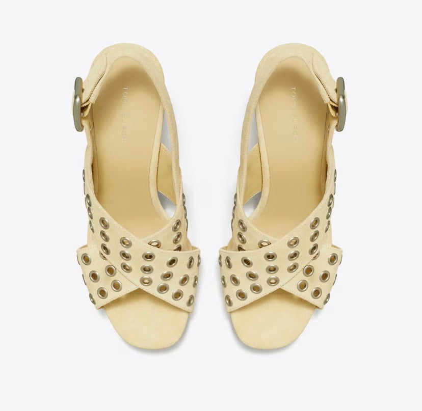 TORY BURCH CROSS-BAND HEELED SANDAL  -  praline