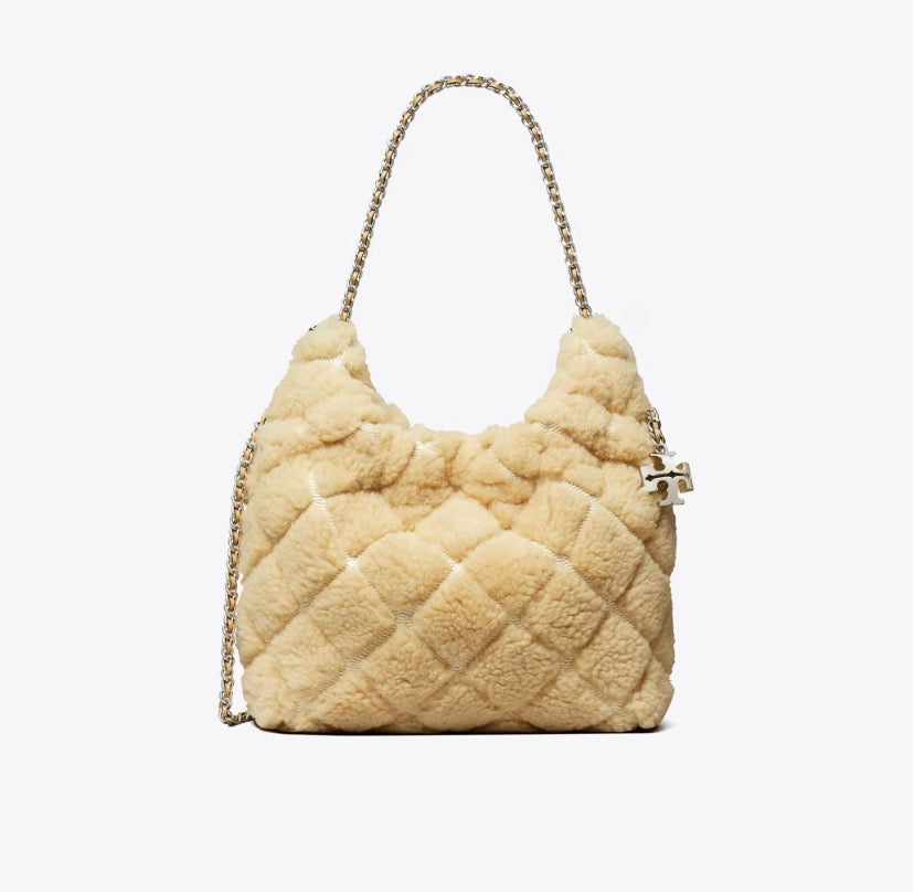 TORY BURCH MINI FLEMING SHEARLING HOBO BAG  -  ivory