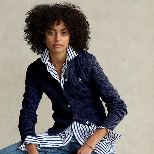 Ralph Lauren Cable-Knit Cotton Crewneck Cardigan Lacivert - Outlet