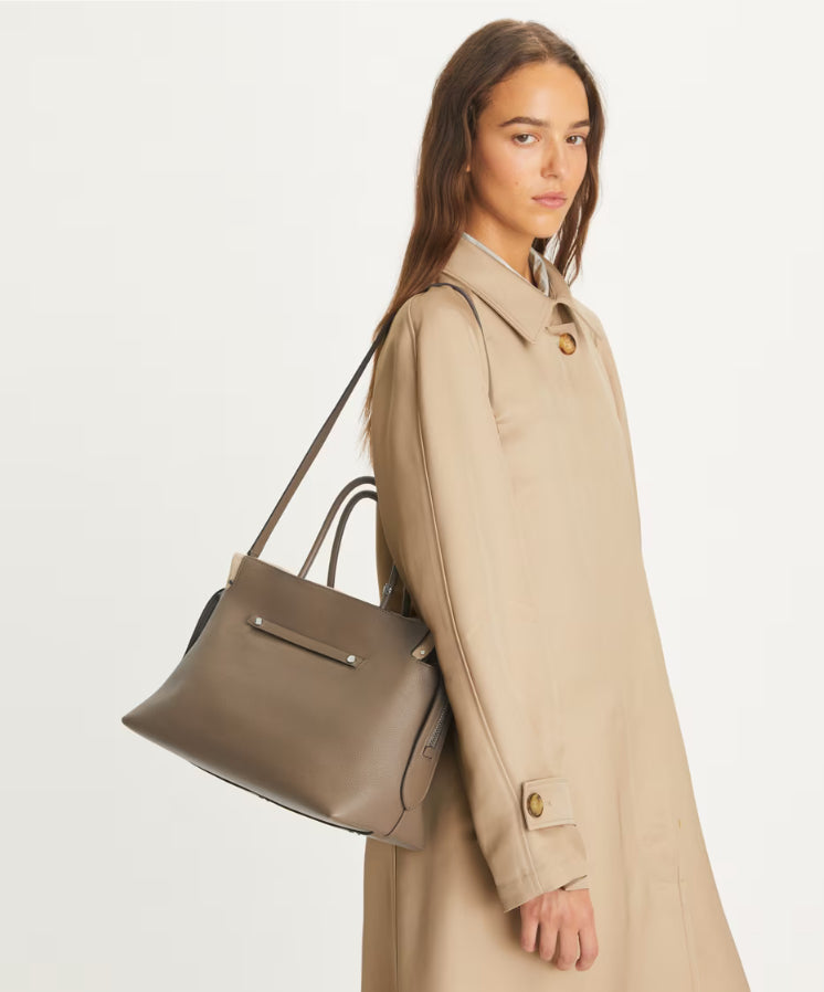 TORY BURCH LARGE MERCER PEBBLED SATCHEL - WILD MUSHROOM