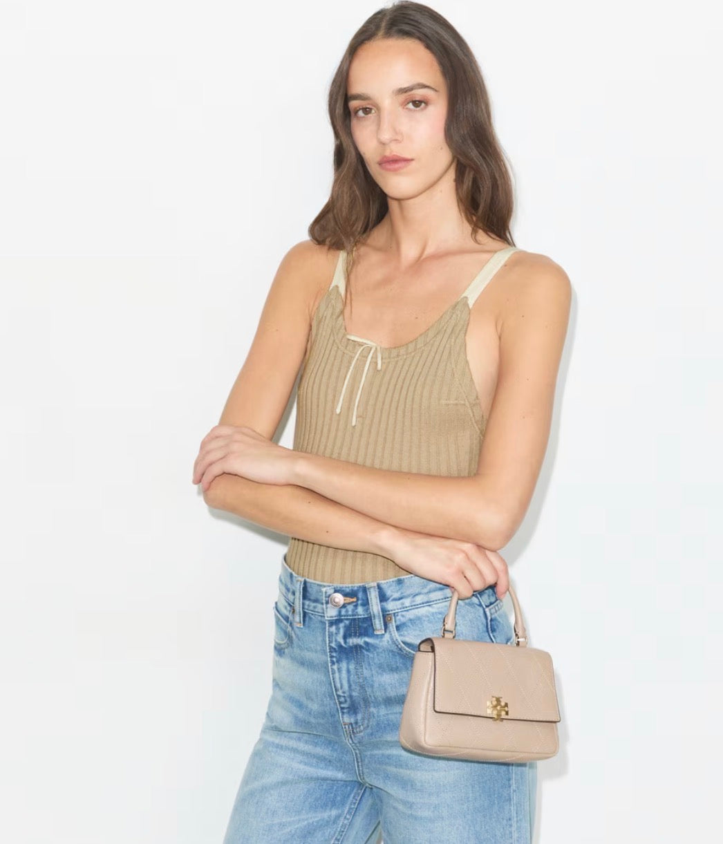 TORY BURCH MINI CHARLIE QUILTED TOP-HANDLE CROSSBODY - soft cement