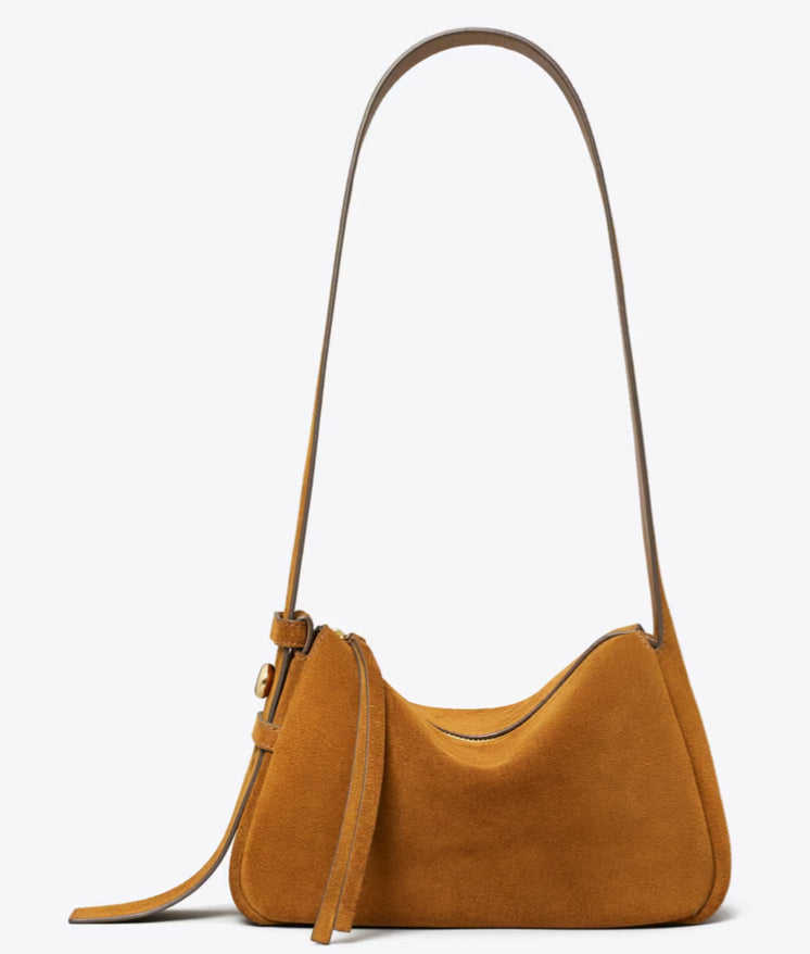 TORY BURCH SMALL ROMY SUEDE SHOULDER BAG - caramel