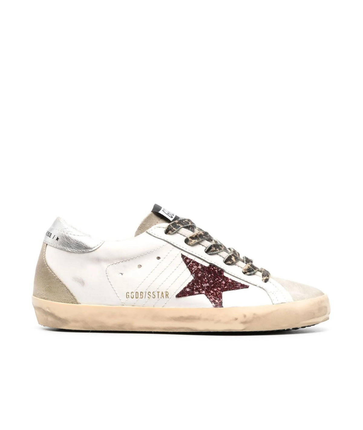 Golden Goose Super-Star Burgundy Glitter Star With Silver Heel Tab Sneakers