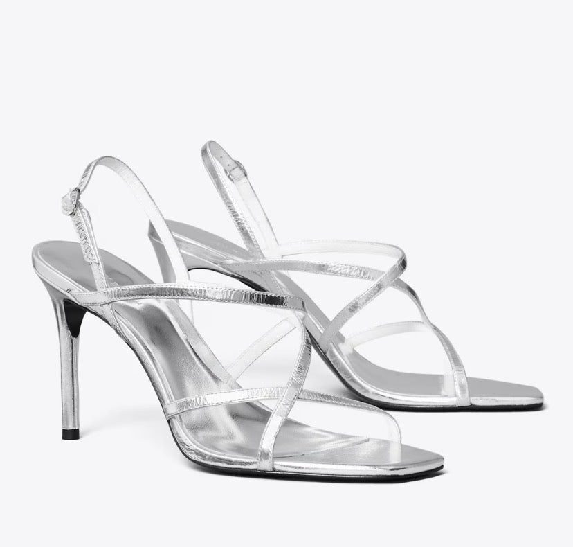 TORY BURCH MULTI-STRAP HEELED SANDAL  -  silver