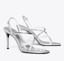 TORY BURCH MULTI-STRAP HEELED SANDAL  -  silver