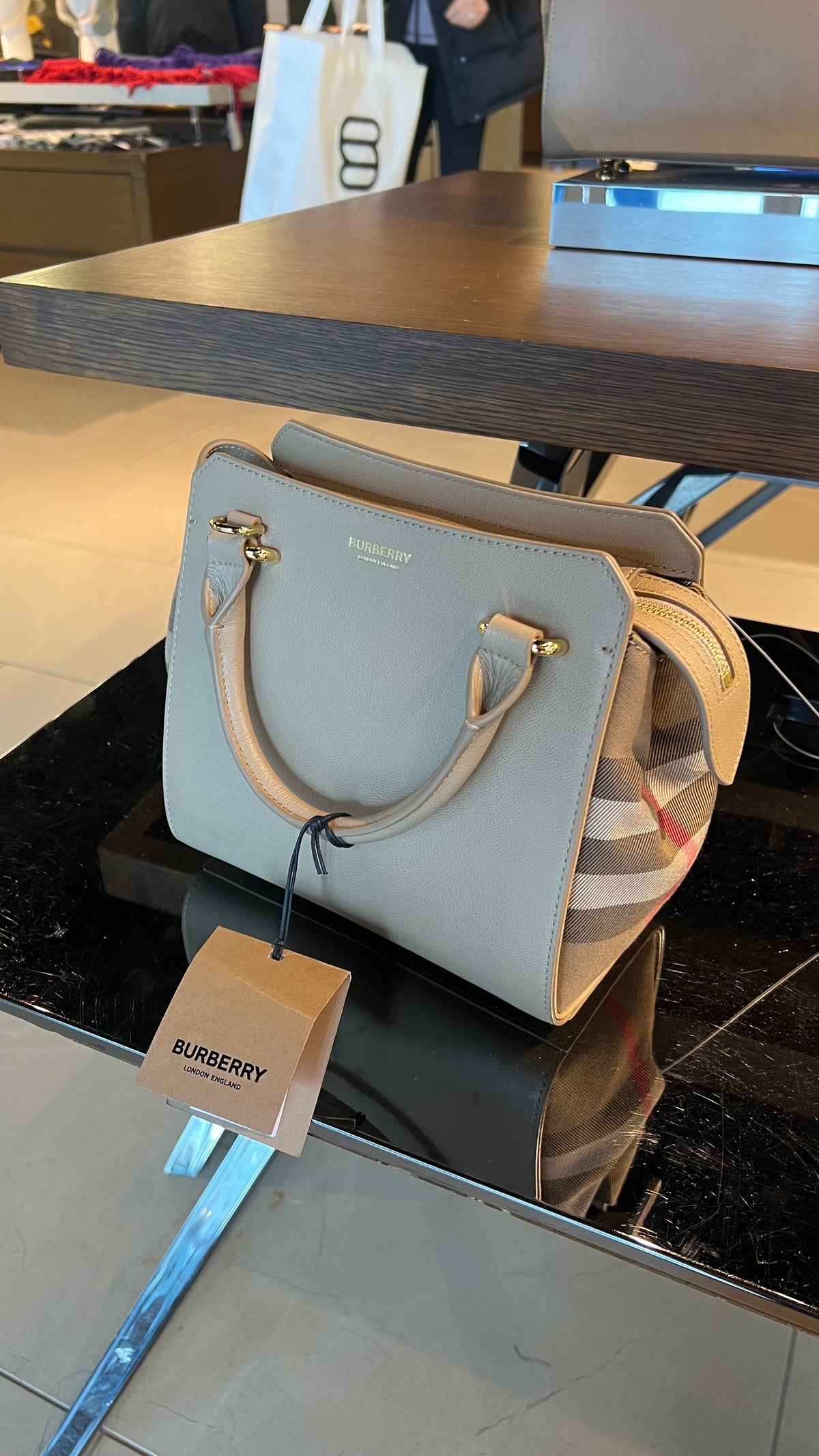 Burberry Calfskin Mega Check Mini Banwell Chestnut Beige Tote