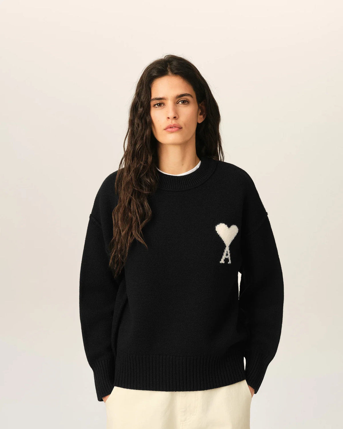 Ami Paris Unisex BLACK CREWNECK WOOL SWEATER WITH AMI DE COEUR - BLACK/OFF WHITE
