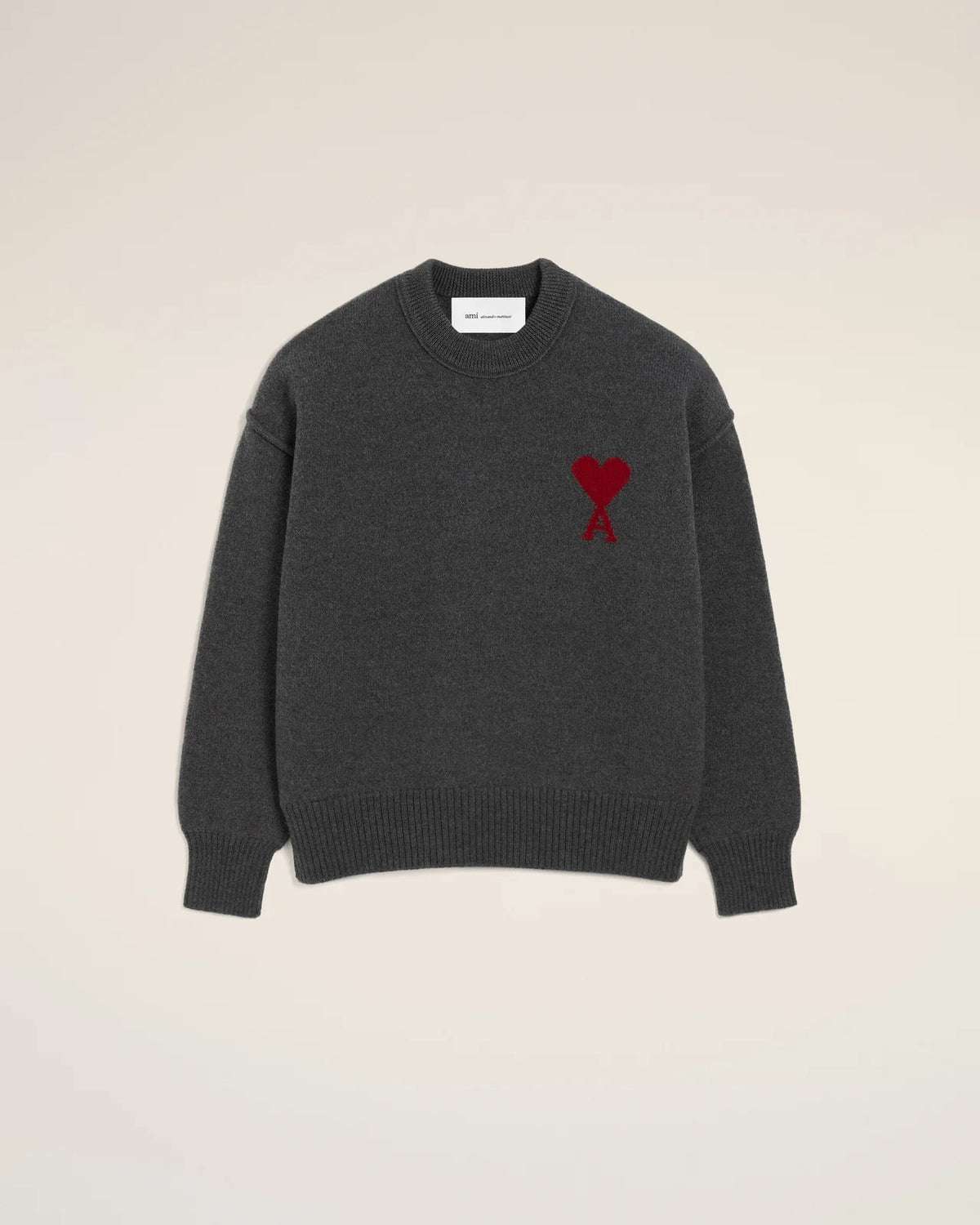 Ami Paris Unisex GREY CREWNECK WOOL SWEATER WITH AMI DE COEUR Sweater in felt - HEATHER GREY/RED