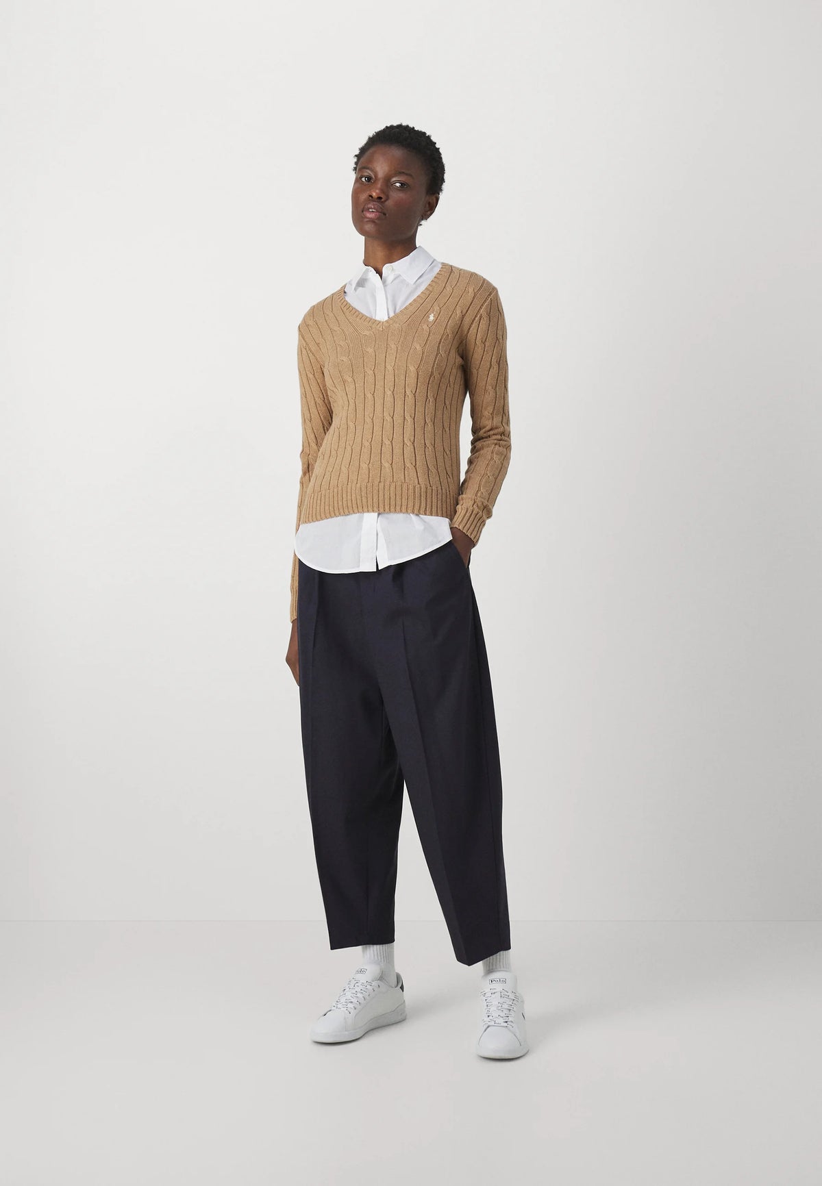 Ralph Lauren Cable-Knit Cotton V-Neck Sweater Camel