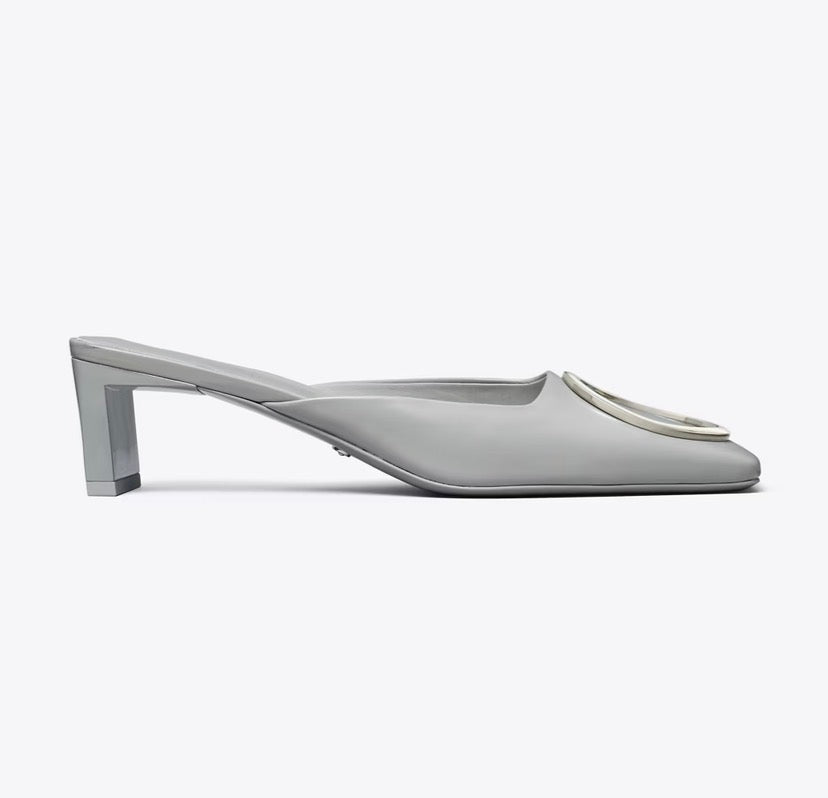 TORY BURCH RING HEELED MULE  -  loutre gray / silver