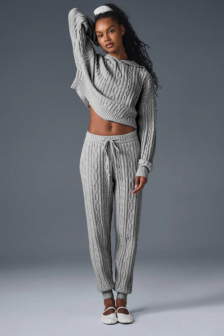 Alo Yoga Cable Knit Winter Bliss Hoodie-Athletic Heather Grey