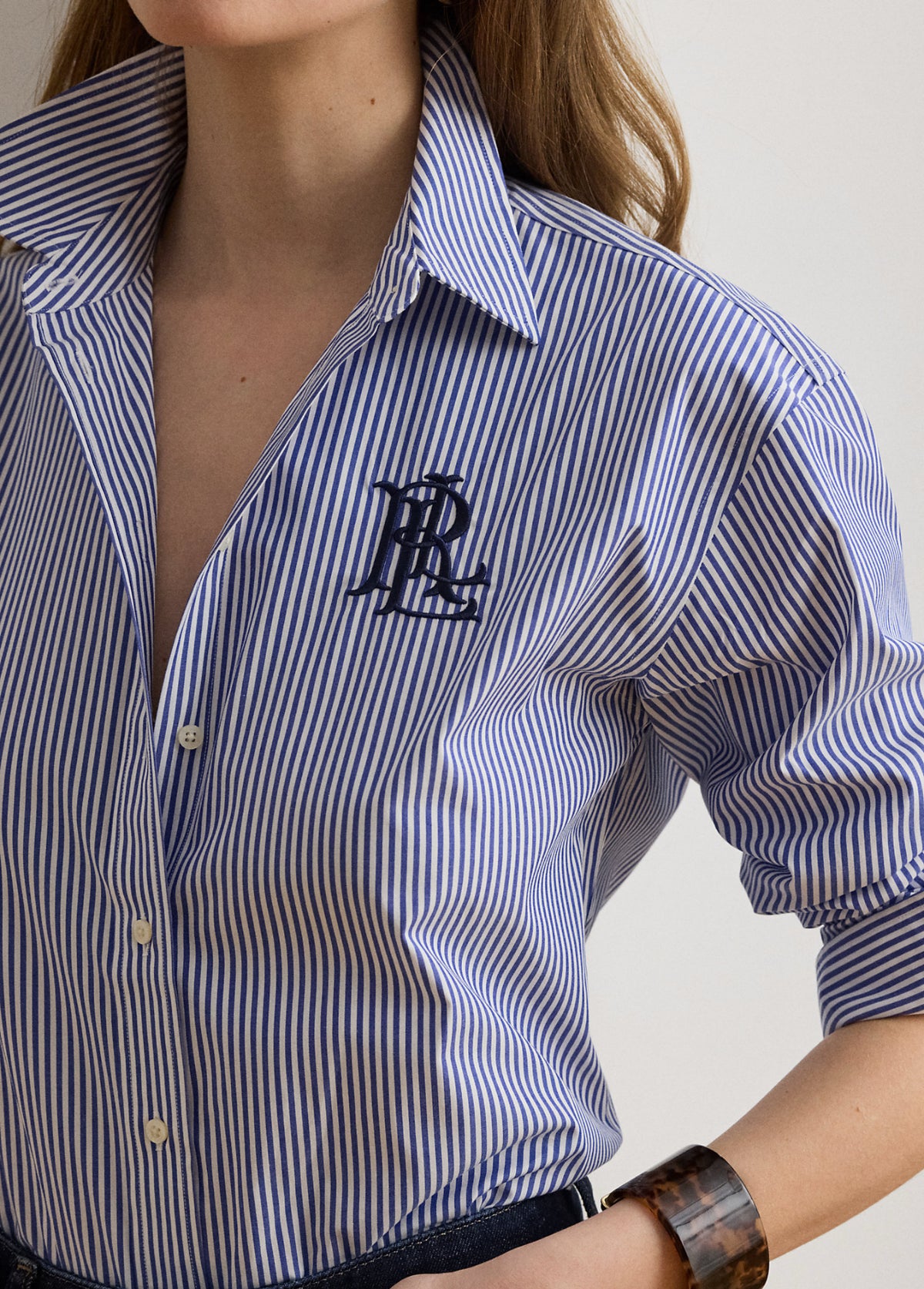 Ralph Lauren Women's Relaxed Fit Striped Stretch Cotton Shirt- Blue White