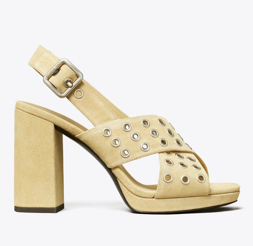 TORY BURCH CROSS-BAND HEELED SANDAL  -  praline