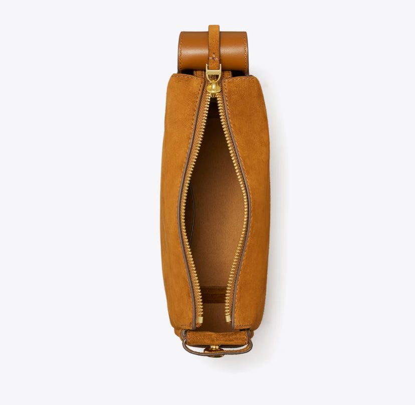 TORY BURCH SMALL ROMY SUEDE SHOULDER BAG - caramel