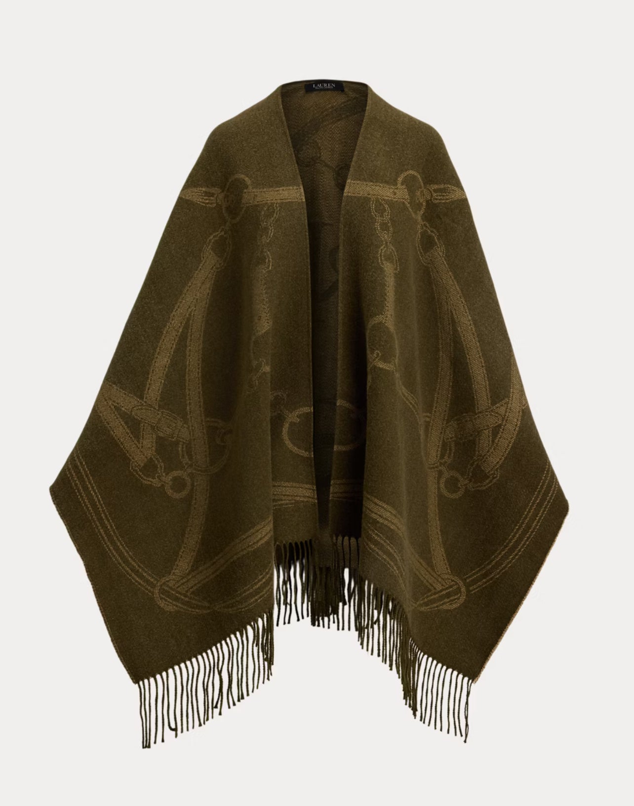 Ralph Lauren Logo & Belting-Motif Jacquard Ruana - Dark Olive/camel