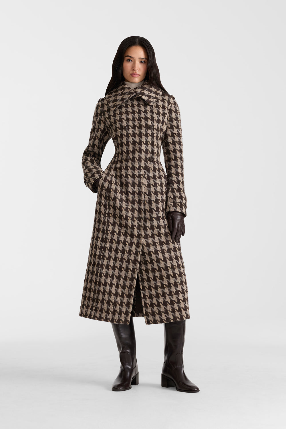 Mackage ELODIE-BHT fitted Houndstooth Patterned Wool coat-Coffee