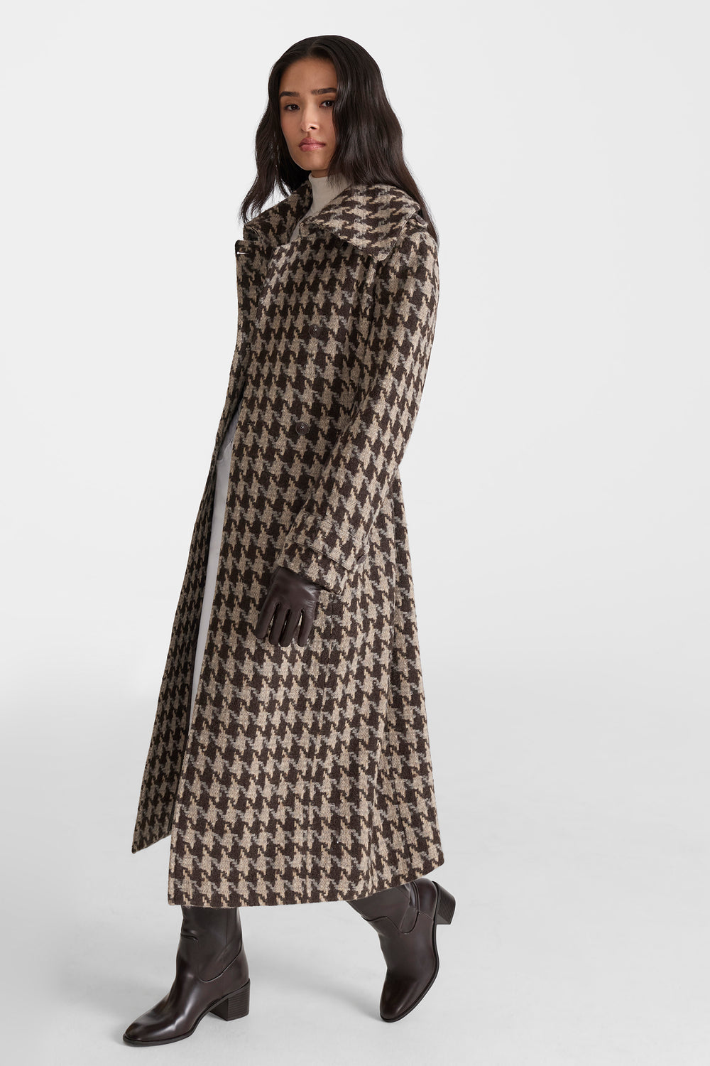 Mackage ELODIE-BHT fitted Houndstooth Patterned Wool coat-Coffee
