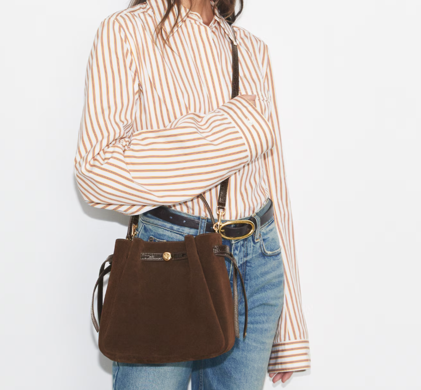 TORY BURCH ROMY SUEDE BUCKET BAG - Dark Cocoa