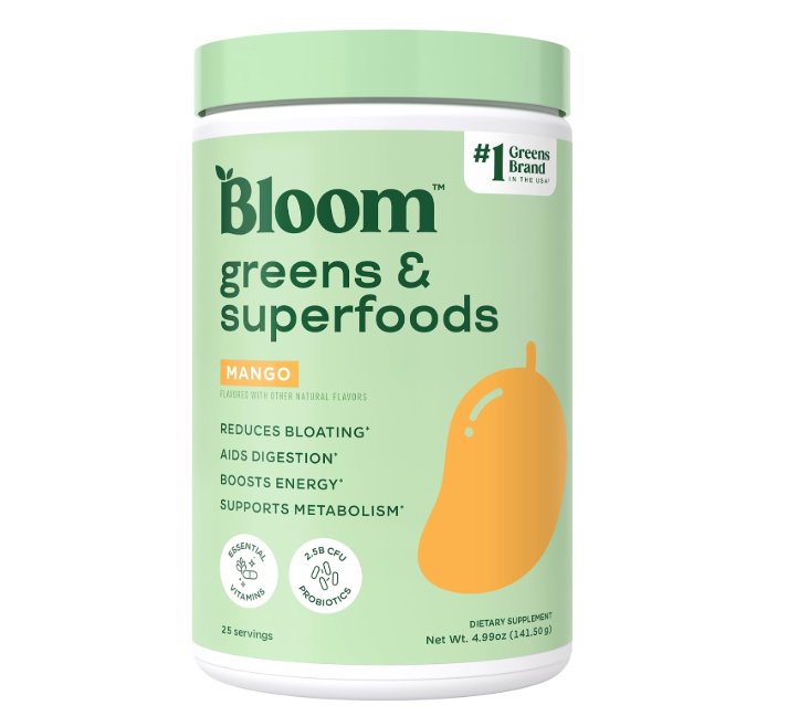 Bloom Nutrition Superfood Greens Powder, Digestive Enzymes with Probiotics and Prebiotics, Gut Health, Bloating Relief for Women, Chlorella, Green Juice Mix with Beet Root Powder, 25 SVG, Mango