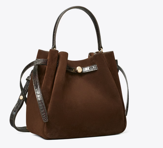 TORY BURCH ROMY SUEDE BUCKET BAG - Dark Cocoa