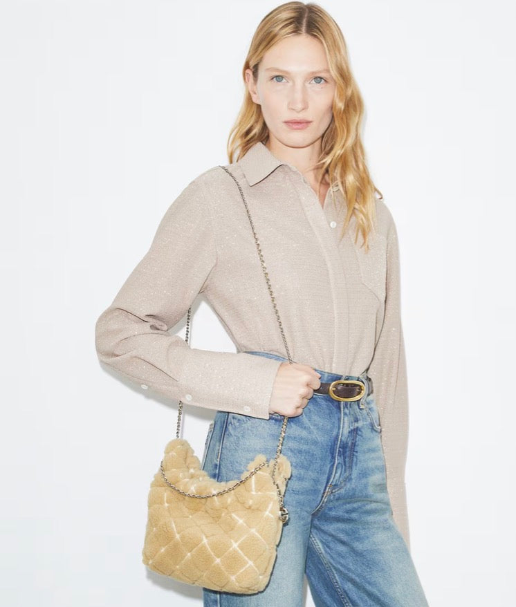 TORY BURCH MINI FLEMING SHEARLING HOBO BAG  -  ivory