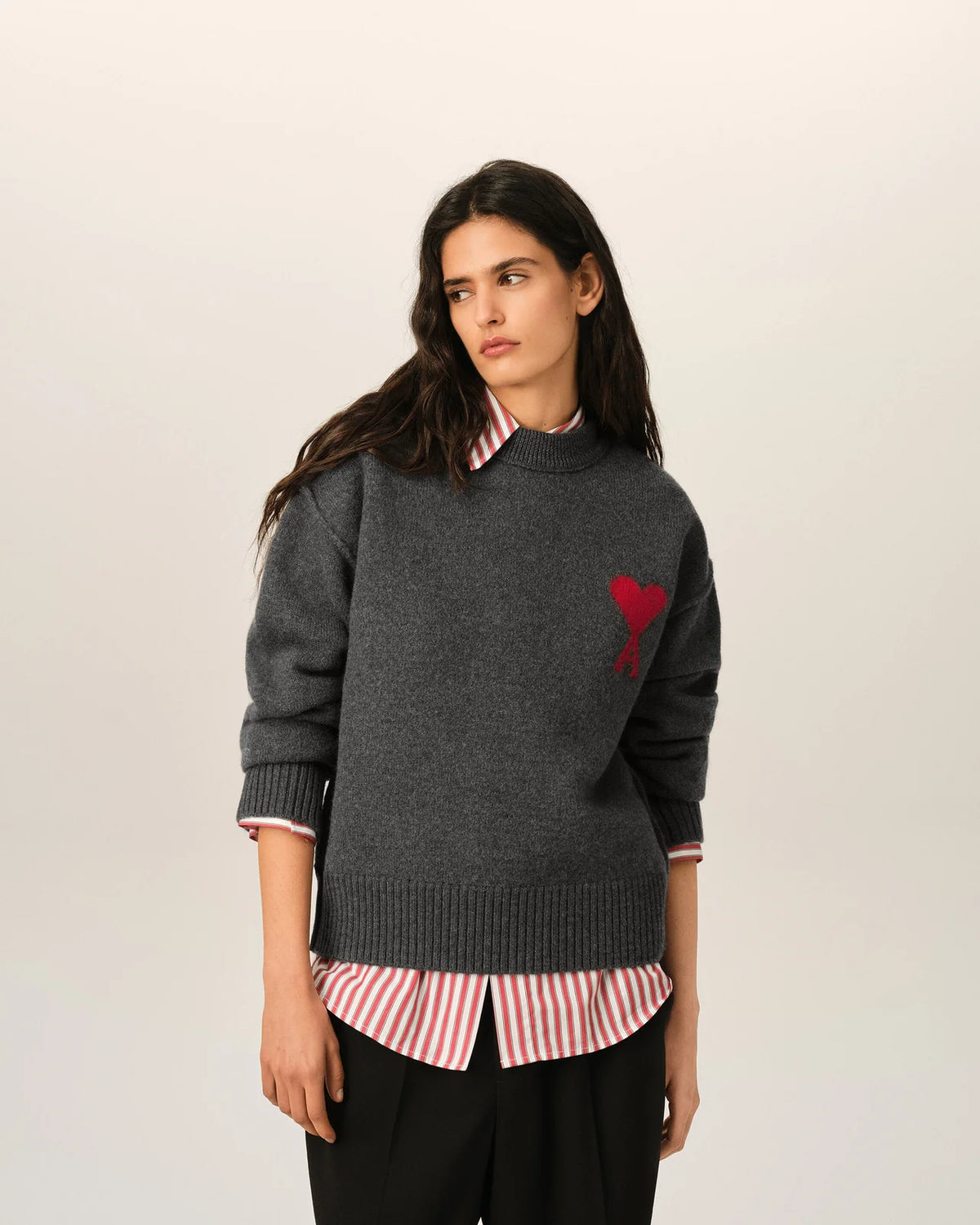 Ami Paris Unisex GREY CREWNECK WOOL SWEATER WITH AMI DE COEUR Sweater in felt - HEATHER GREY/RED