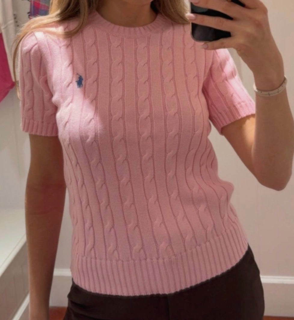 Ralph Lauren Cable-Knit Cotton Short-Sleeve Sweater Pink