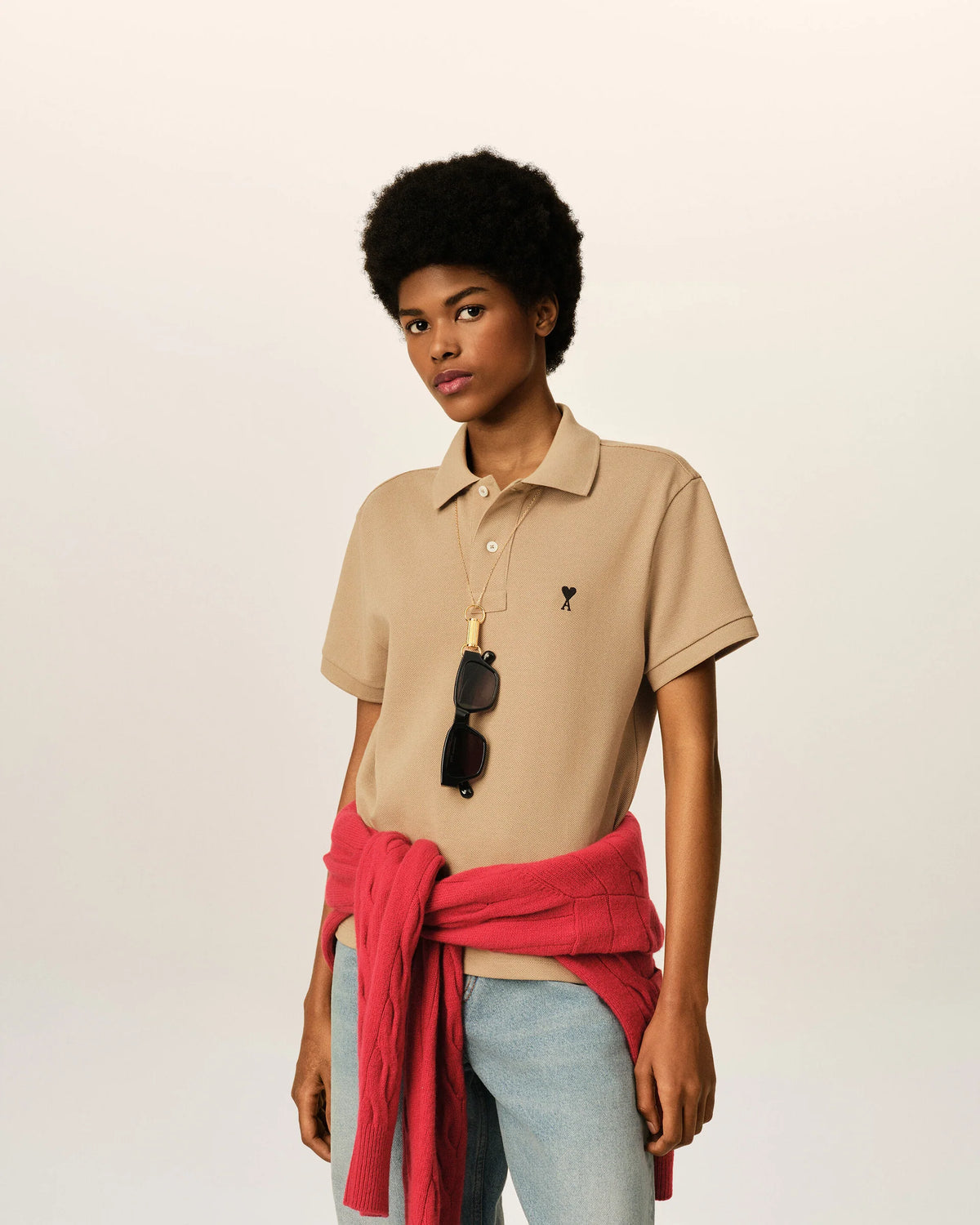 Ami Paris Beige cotton polo with Ami de Coeur  -  MASTIC BEIGE/BLACK