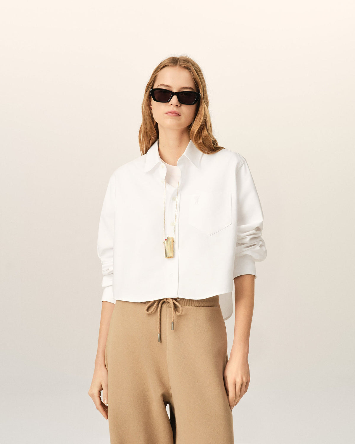 Ami Paris White cotton cropped shirt with embossed Ami de Coeur   -  NATURAL WHITE