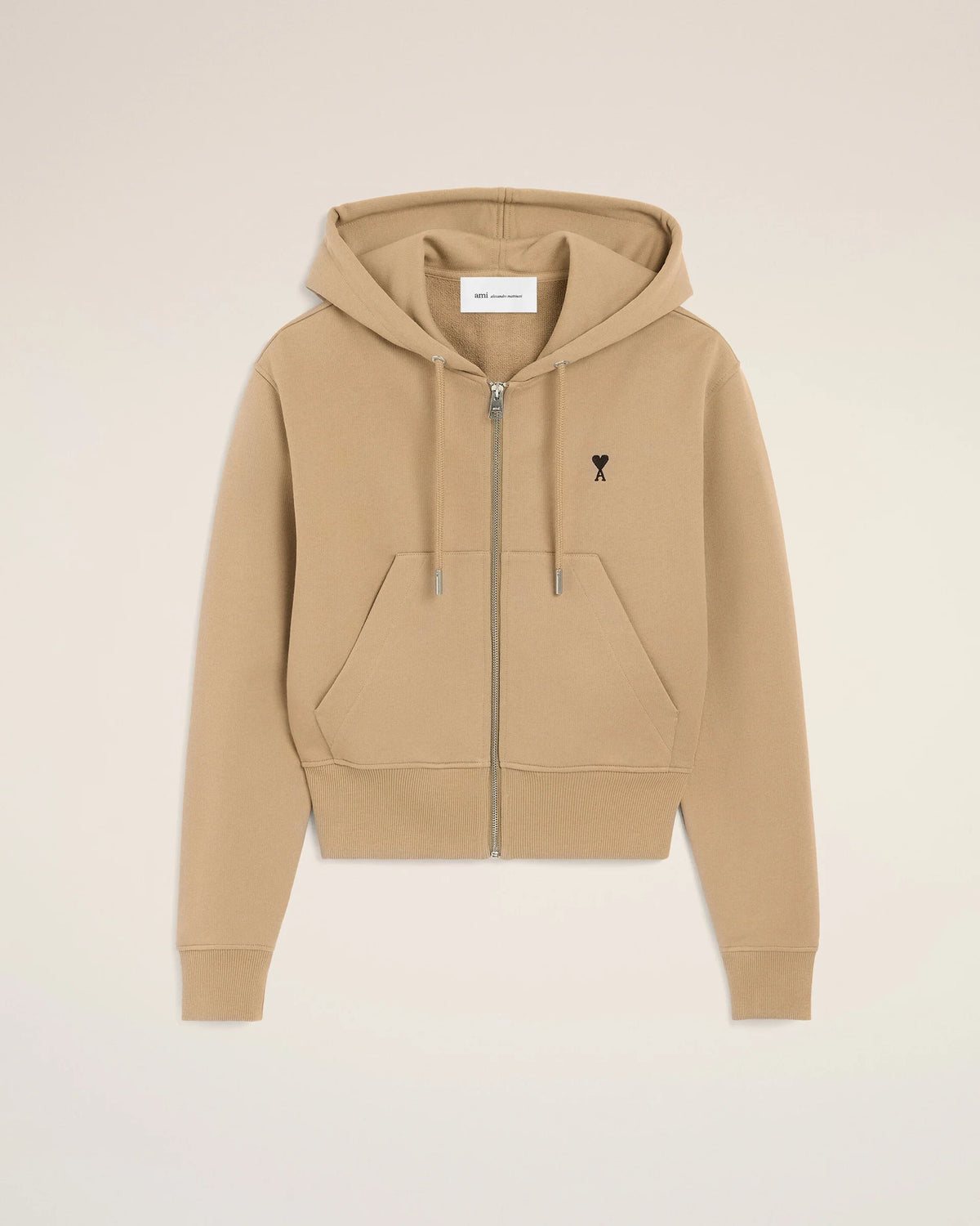 Ami Paris Beige zipped cotton hoodie with Ami de Coeur  -  MASTIC BEIGE/BLACK