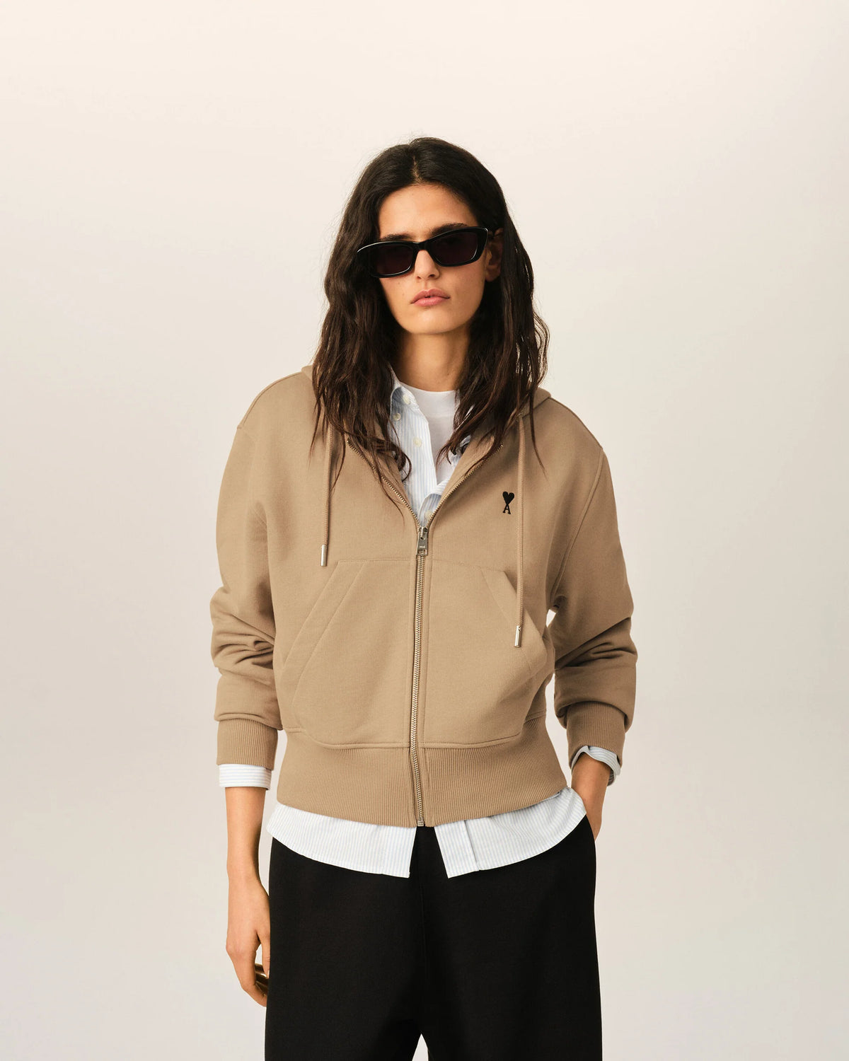 Ami Paris Beige zipped cotton hoodie with Ami de Coeur  -  MASTIC BEIGE/BLACK