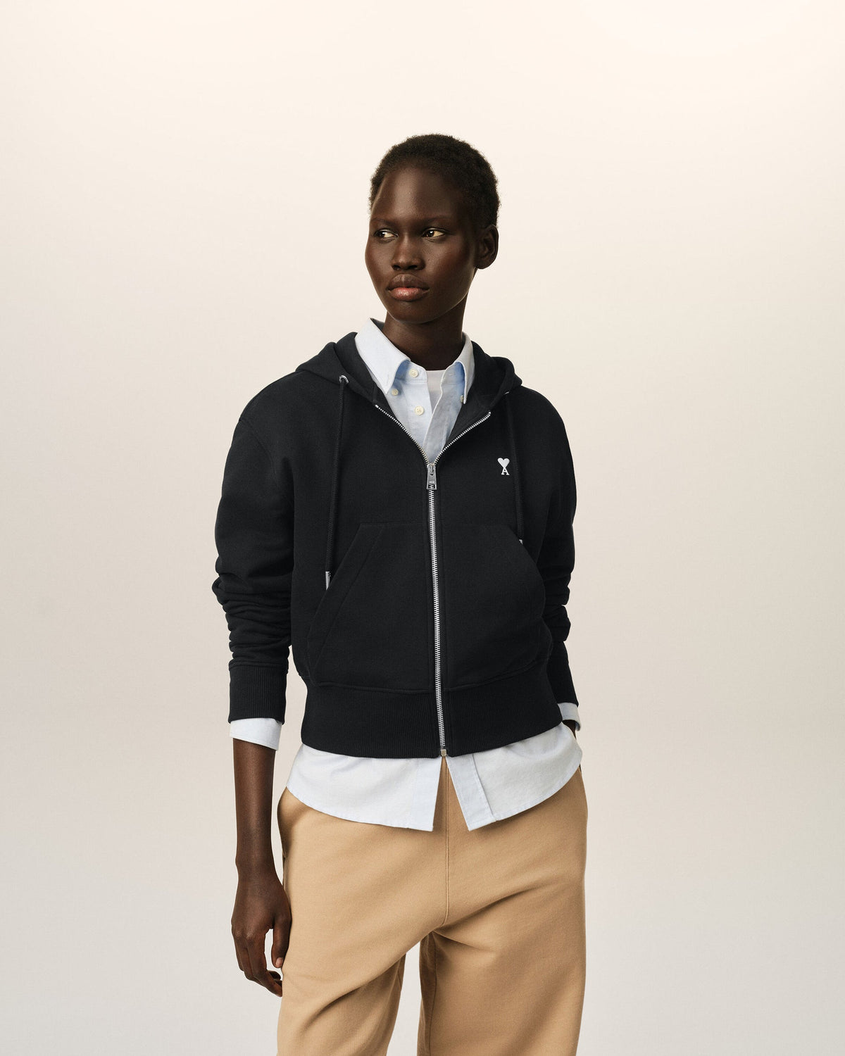 Ami Paris Black zipped cotton hoodie with Ami de Coeur  -  BLACK/WHITE CREAM