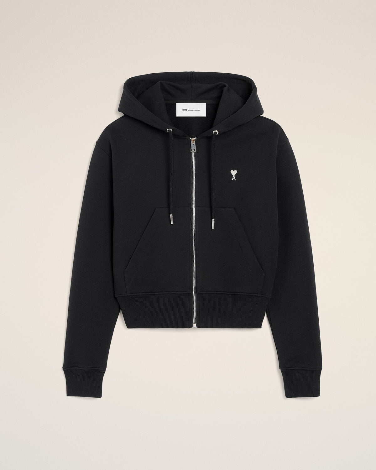Ami Paris Black zipped cotton hoodie with Ami de Coeur  -  BLACK/WHITE CREAM