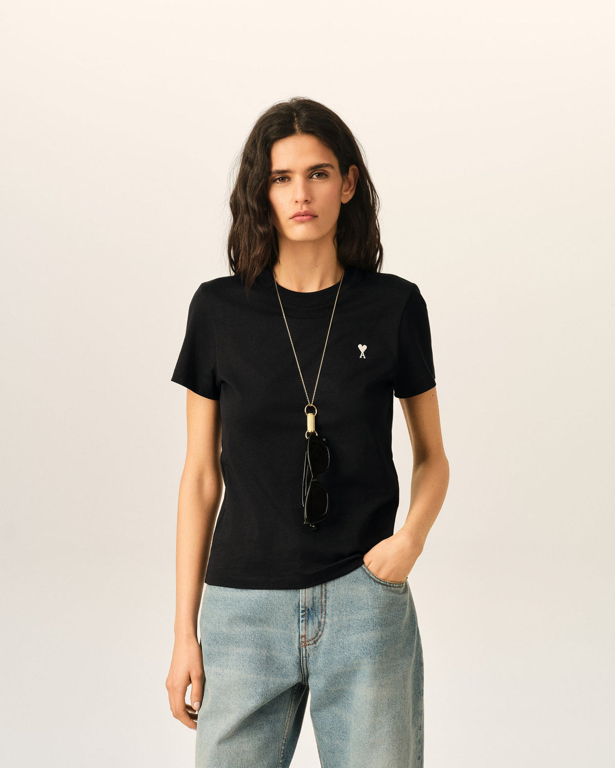 Ami Paris Black Cotton Ami De Coeur Cropped T-shirt  -   BLACK/WHITE CREAM
