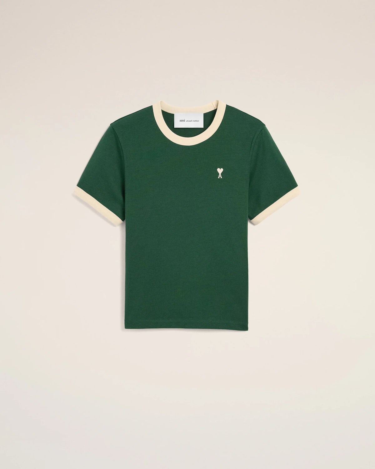 Ami Paris Green contrasted cotton t-shirt with Ami de Coeur  -  BOTTLE GREEN/IVORY