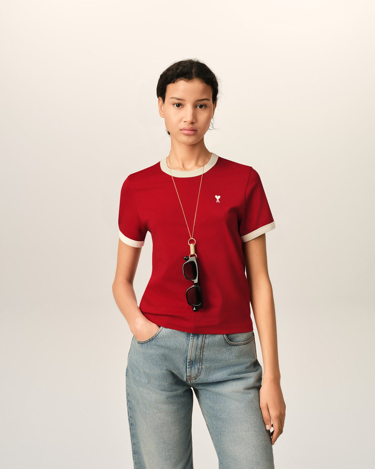 Ami Paris Red contrasted cotton t-shirt with Ami de Coeur  -  RUBY RED/IVORY