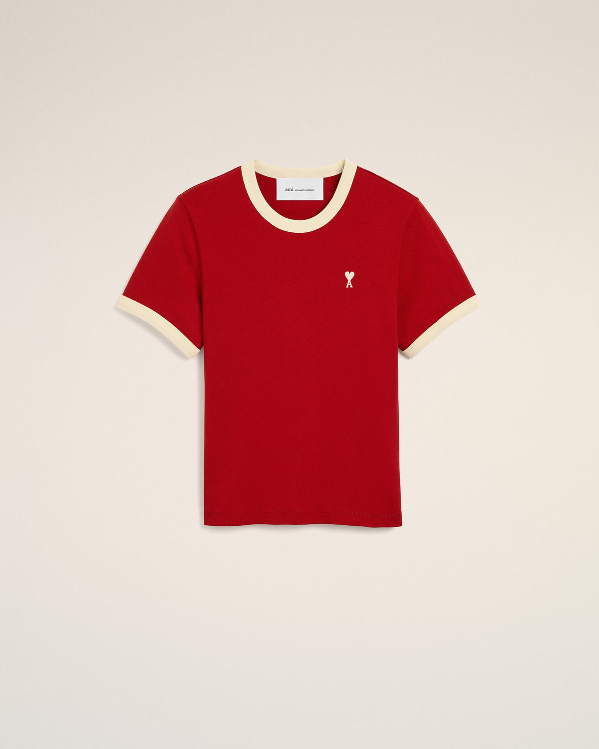 Ami Paris Red contrasted cotton t-shirt with Ami de Coeur  -  RUBY RED/IVORY