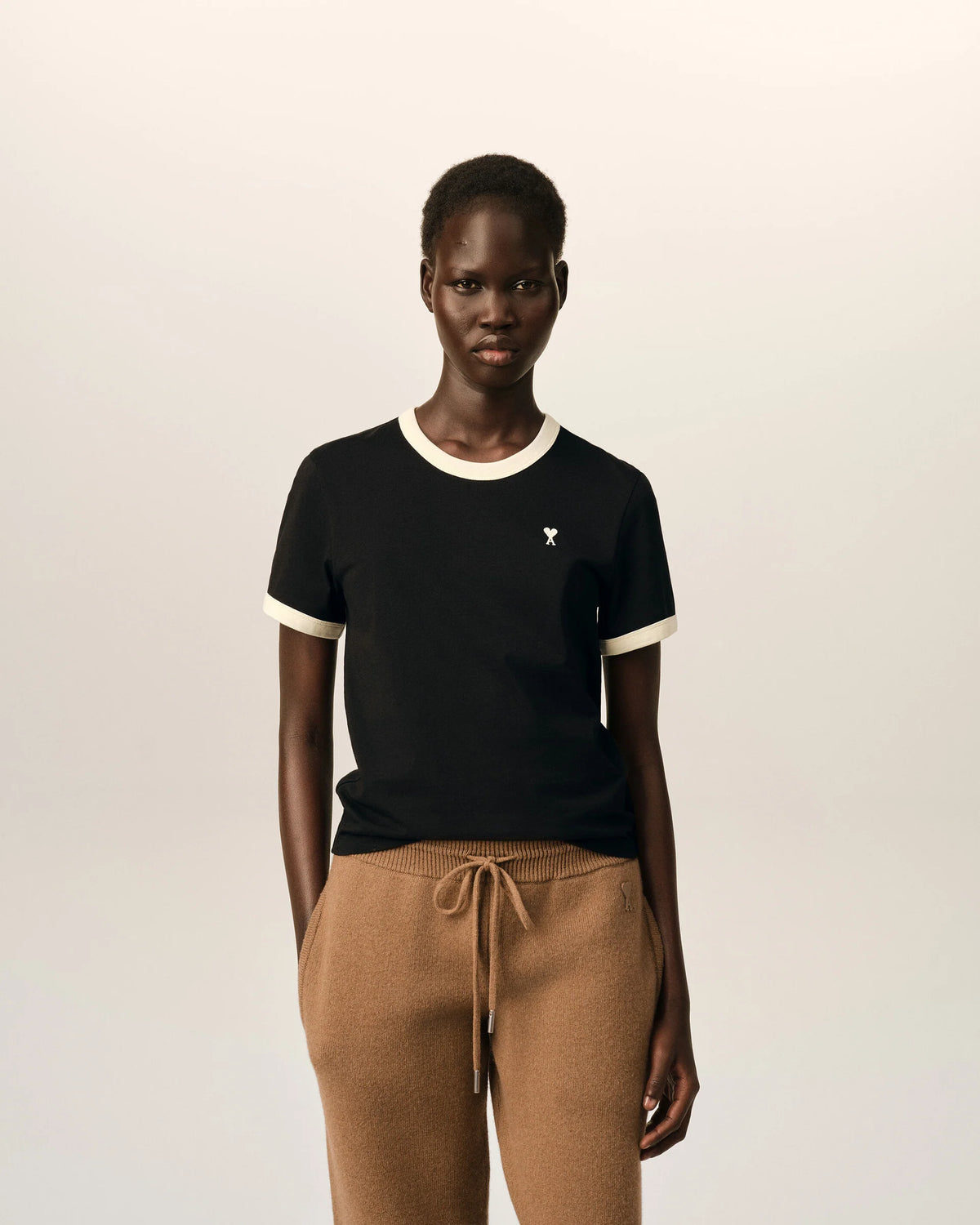 Ami Paris Black contrasted cotton t-shirt with Ami de Coeur  -  BLACK/IVORY
