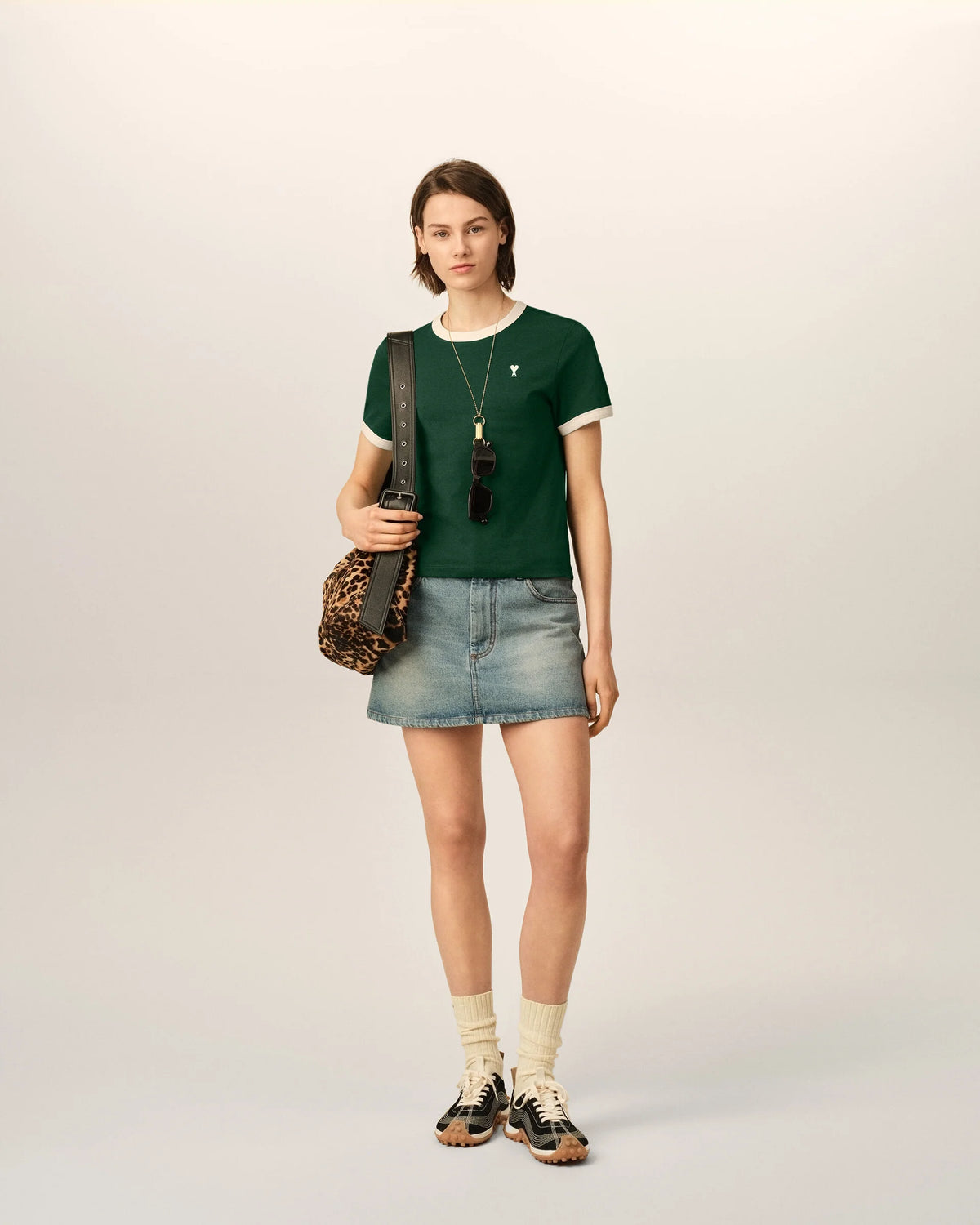 Ami Paris Green contrasted cotton t-shirt with Ami de Coeur  -  BOTTLE GREEN/IVORY