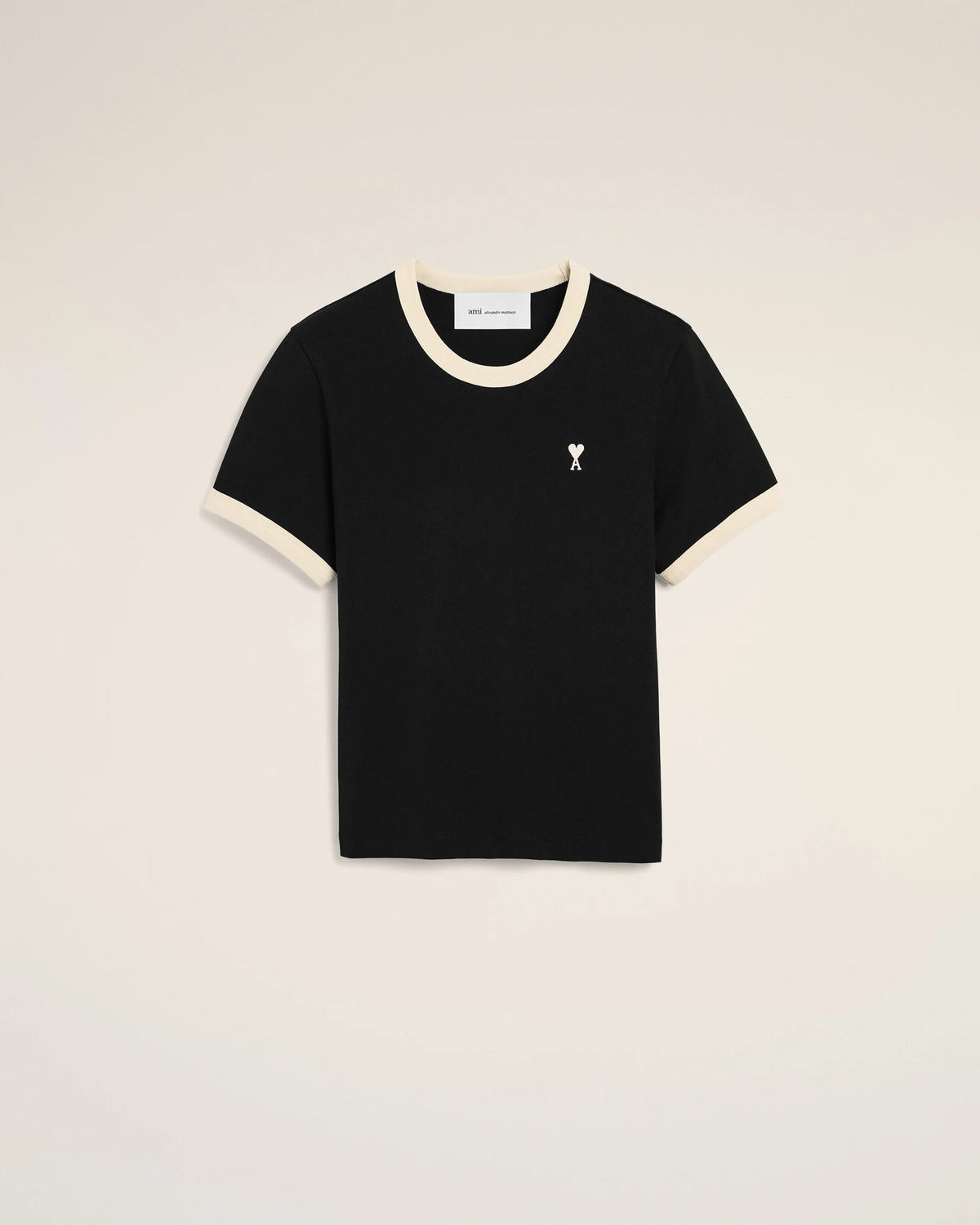 Ami Paris Black contrasted cotton t-shirt with Ami de Coeur  -  BLACK/IVORY