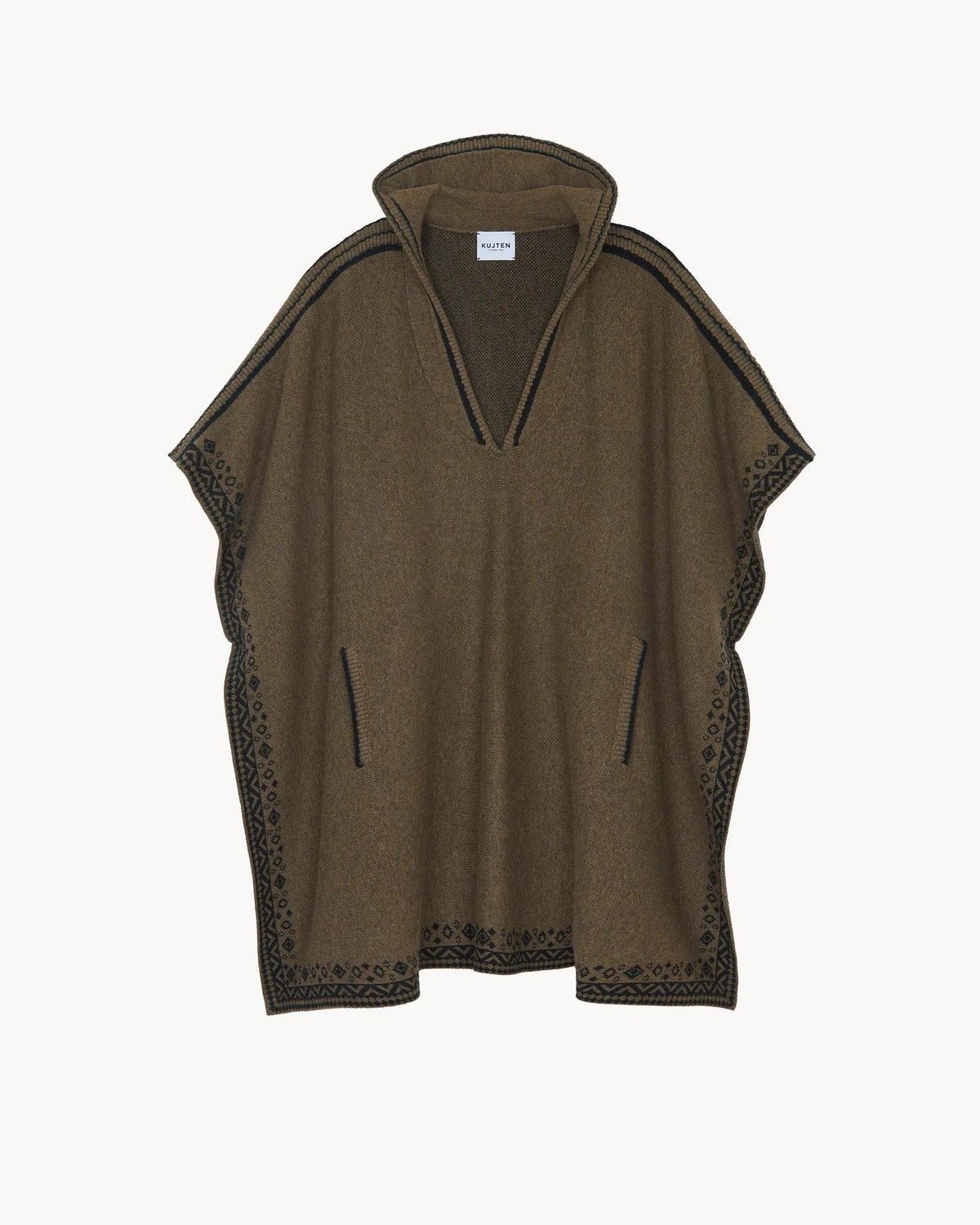 Kujten  -  Poncho Ines Jacquard Hooded Cashmere Poncho, 4-threads  -   Moss Khaki