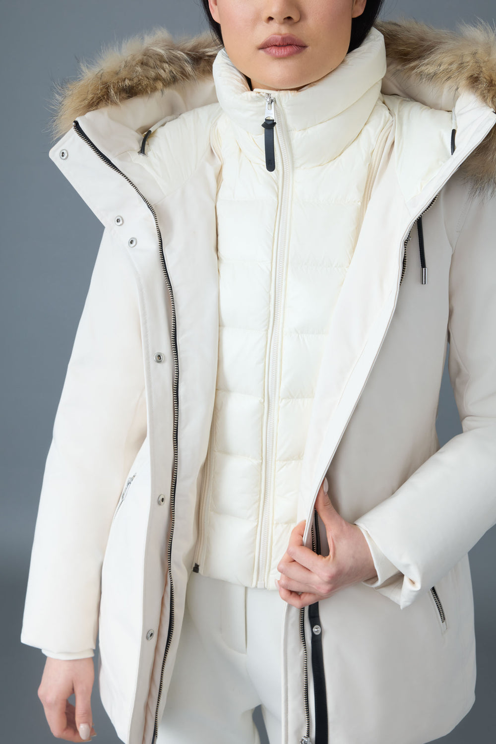 Mackage JENI-F 2-in-1 down parka with removable bib and natural fur-Cream