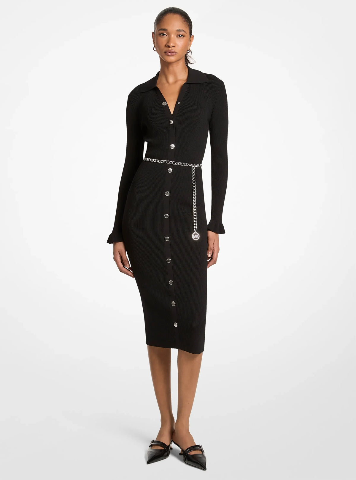 Michael Kors Stretch Knit Belted Midi Dress-BLACK