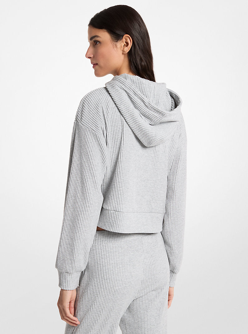 Michael Kors Ribbed Knit Hoodie-PEARL GREY