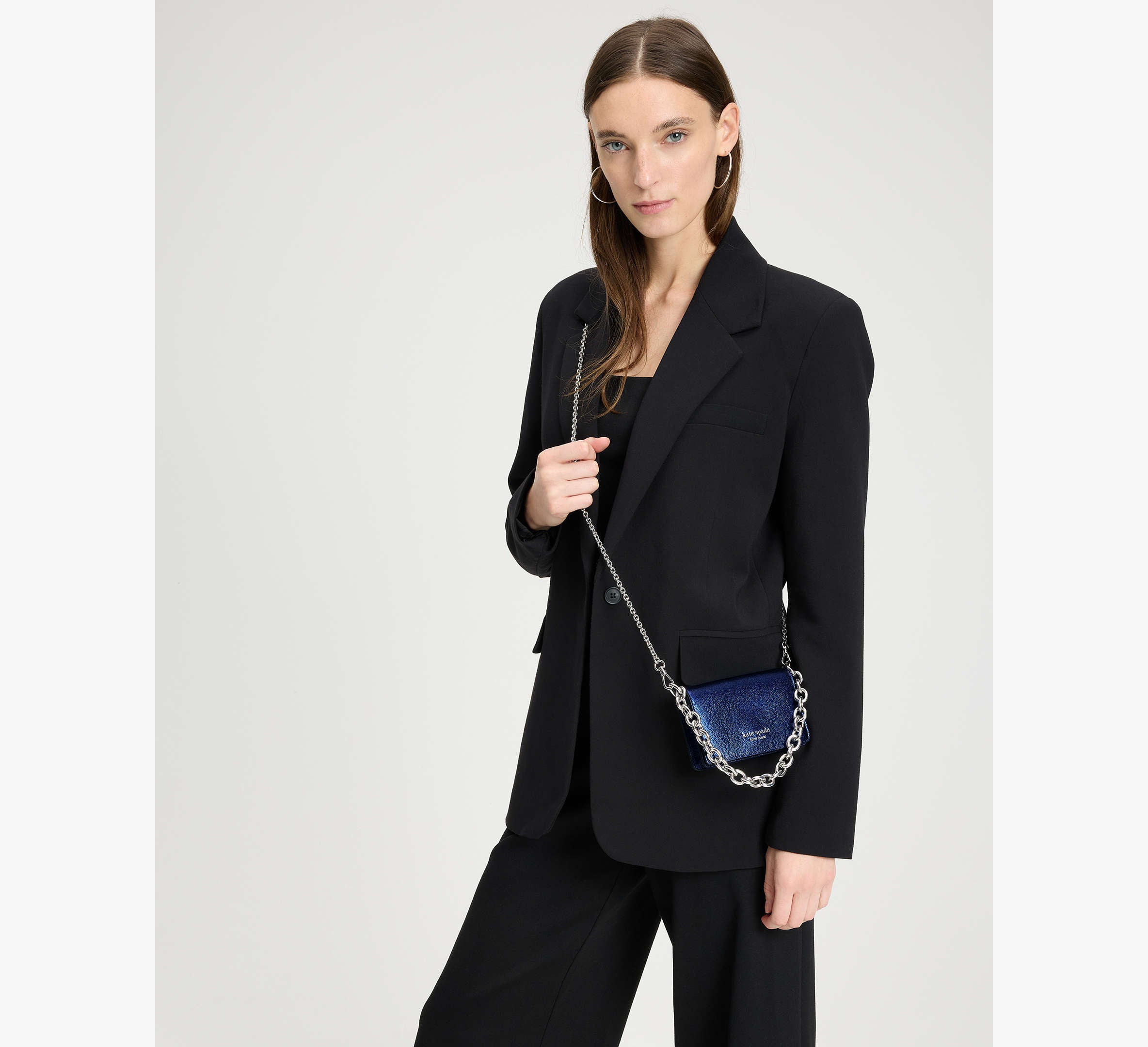 Kate Spade Natasha Metallic Pebbled Leather Chain Card Case Crossbody - Navy