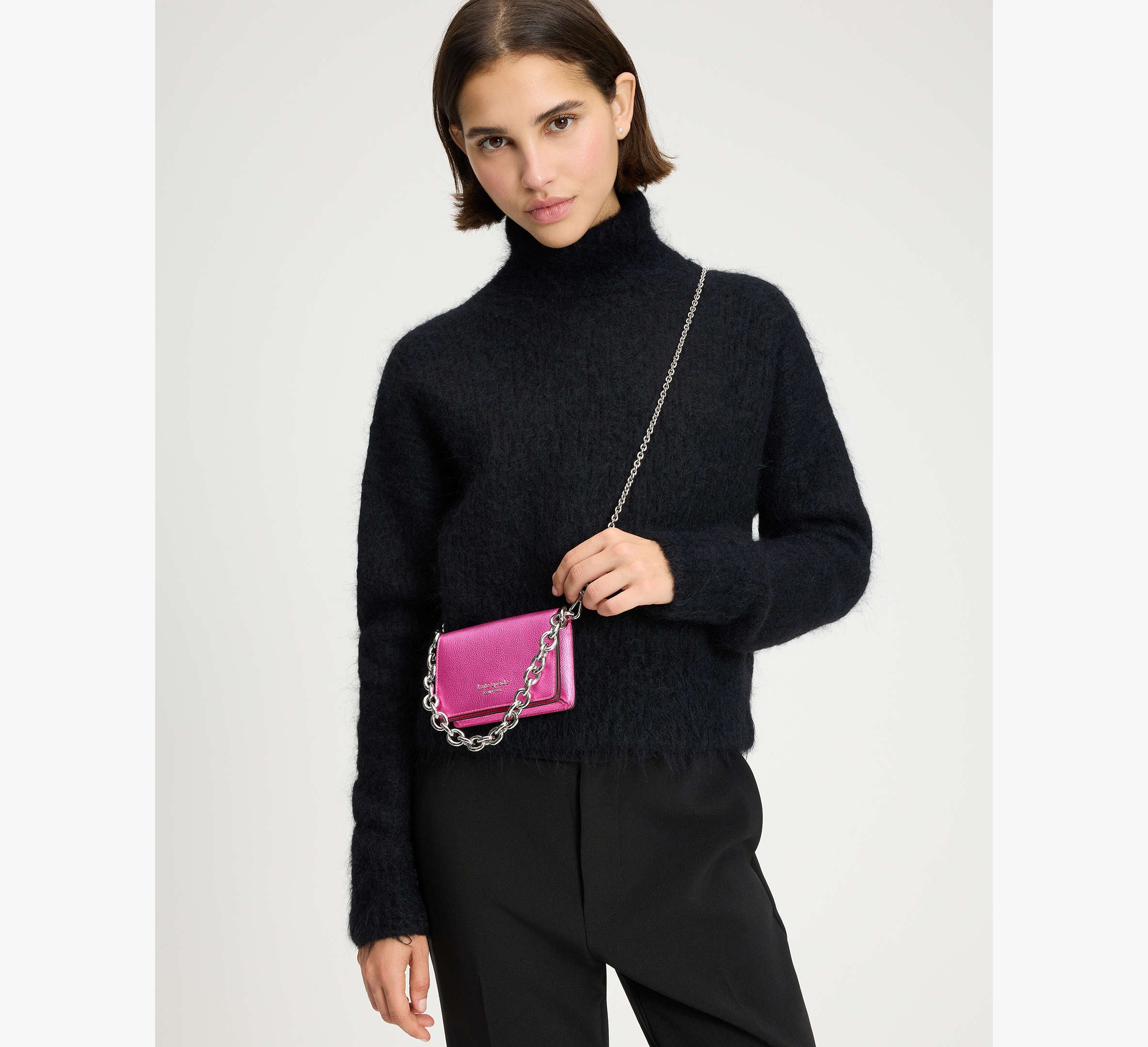 Kate Spade Natasha Metallic Pebbled Leather Chain Card Case Crossbody - Bikini Pink