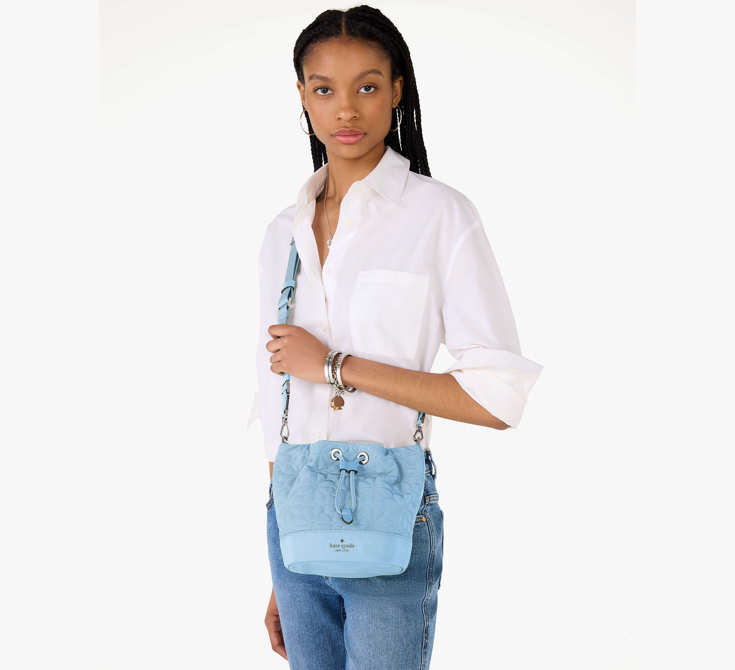 Kate Spade Spade Flower Quilted Fabric Bucket Bag Montauk Blue