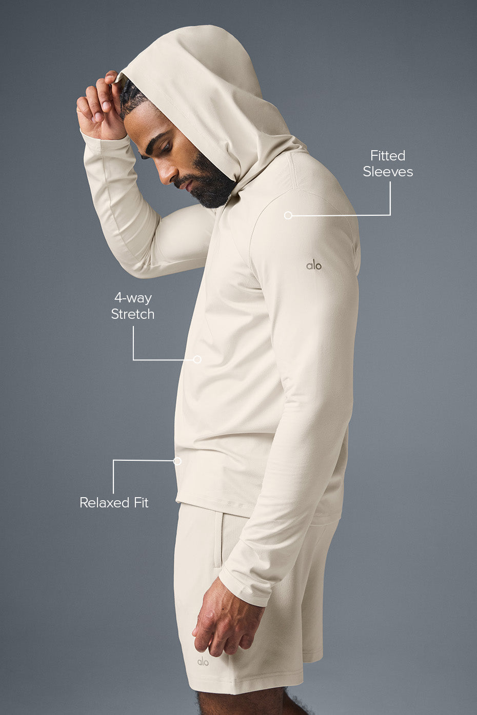 Alo Yoga  Men's Conquer Reform Long Sleeve With Hood -Bone