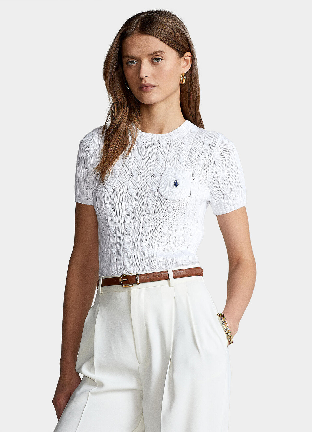 Ralph Lauren Women Cable-Knit Cotton Short-Sleeve Sweater White