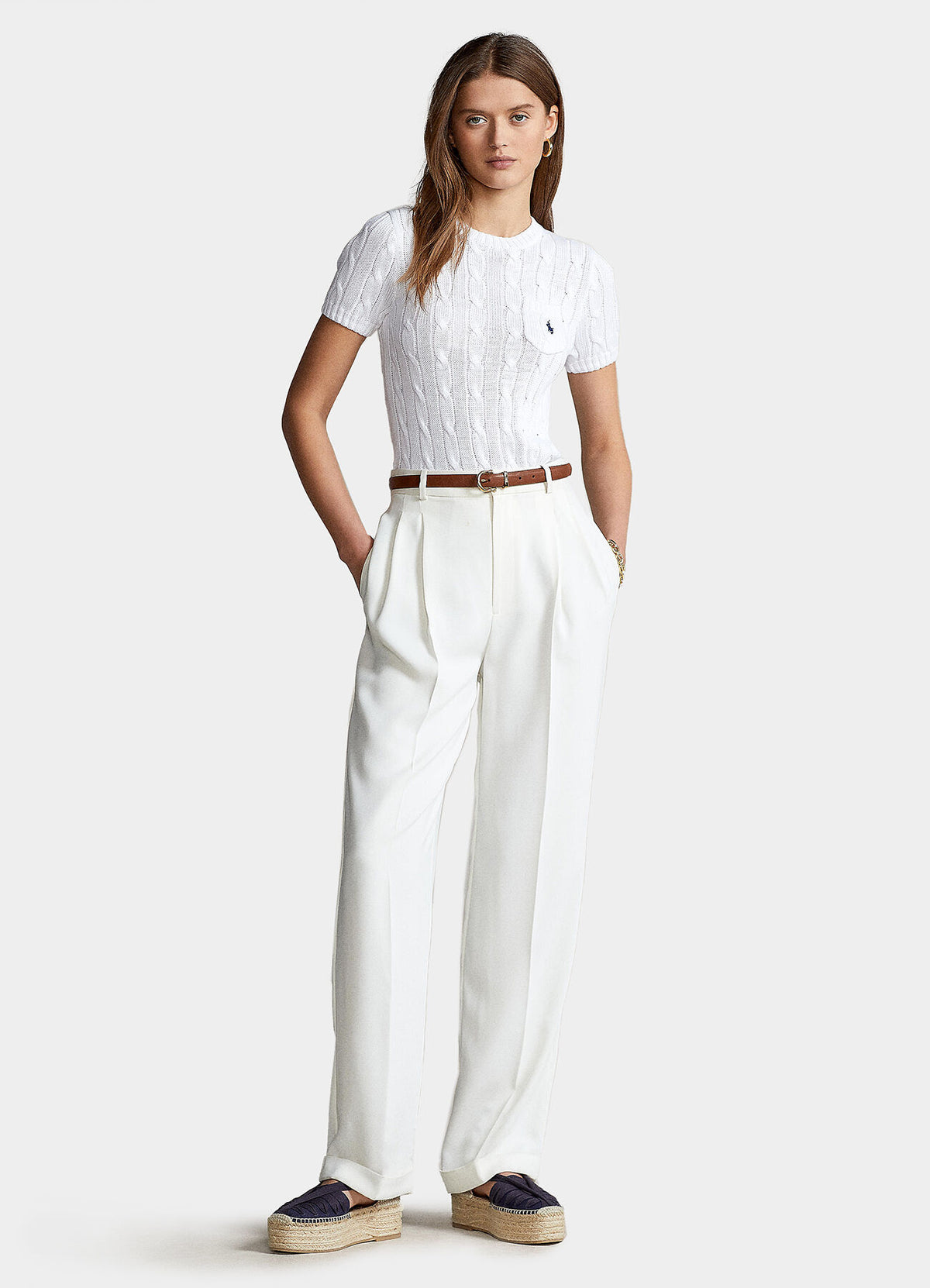 Ralph Lauren Women Cable-Knit Cotton Short-Sleeve Sweater White
